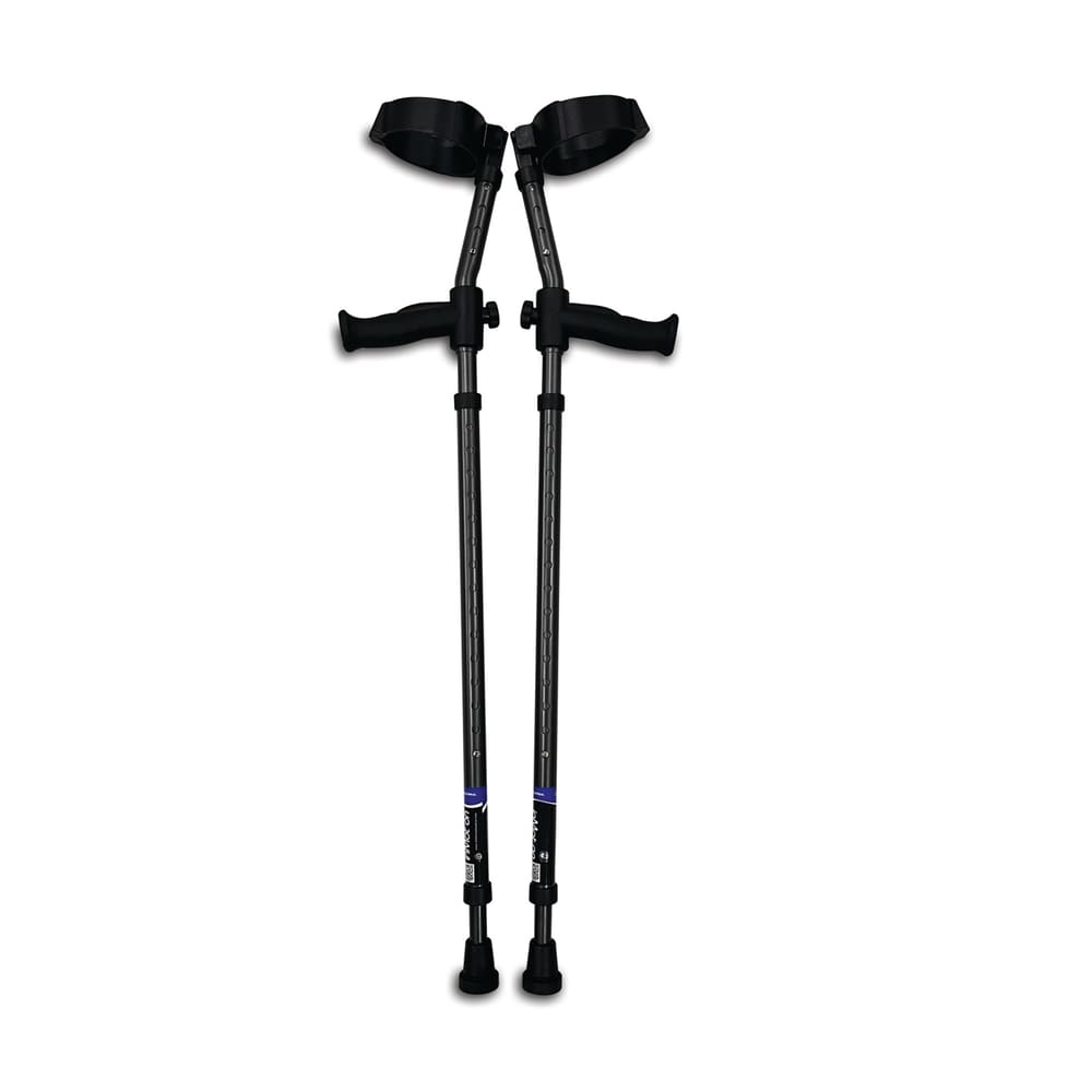 A pair of In-Motion forearm crutches standing against a white background