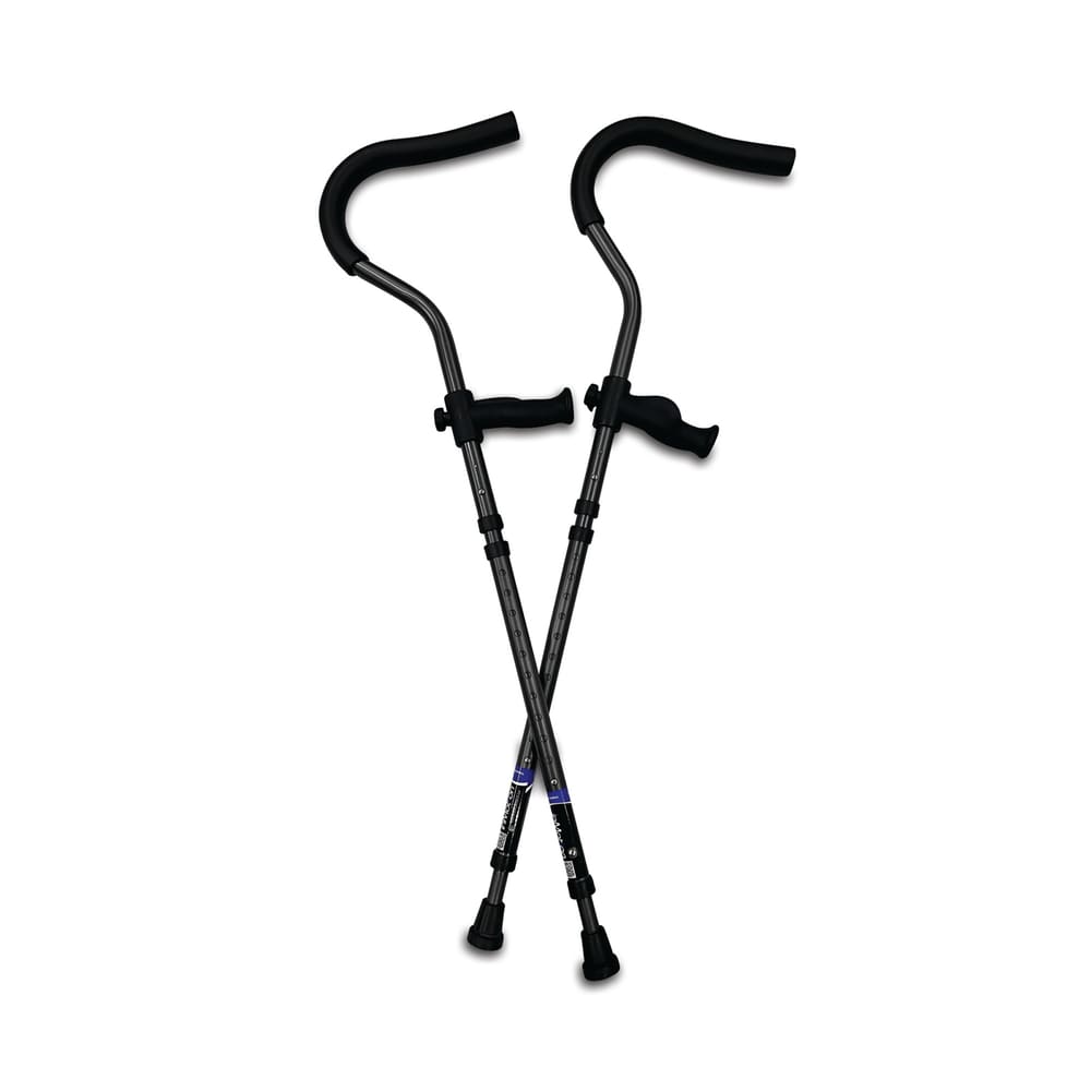 A pair of In-Motion underarm crutches crossed against a white background